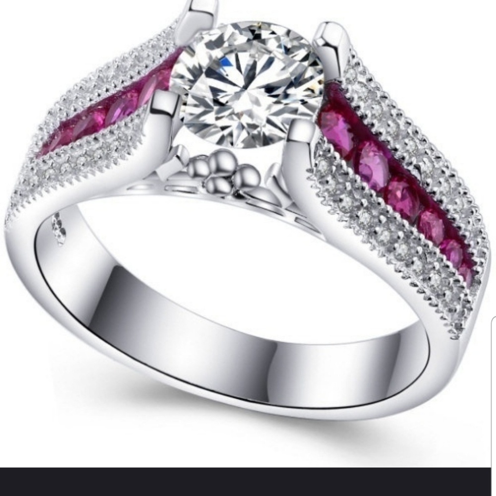 🌸White Topaz w/Pink Accent Stones Sz 7 Silver
